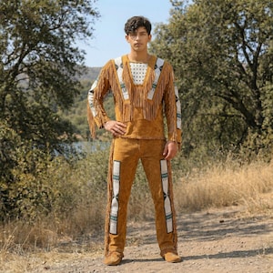 Men Western Fringe Suede Warrior Suit | Beaded Leather Warshirt Pant | Native-Inspired Cowboy Powwow-Regalia Outfit