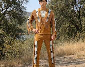 Herrkostym med västerländsk mockafrans | Pärlprydda läderbyxor | Cowboy-powwow-regalia-outfit inspirerad av ursprungsbefolkningen