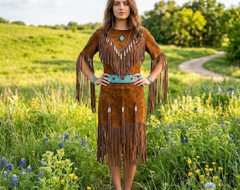 Handmade Suede Beaded Fringe Dress | Women Indigenous Powwow-Regalia Gown | Native-Inspired Cowgirl Tribal Maxi