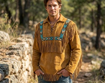 Pärlskjorta i mocka med västerländsk frans | Tröja med infödda krigare | Cowboy Powwow-Regalia-topp
