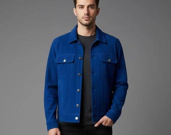 Chaqueta vaquera de ante azul hecha a mano / Abrigo vaquero ajustado para hombre