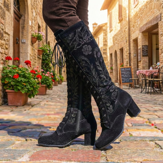 Handmade Suede Knee High Boots | Black Embroidered Floral Lace-Up | Cowgirl Vintage Footwear
