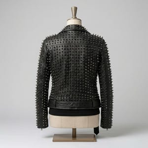 May include: A black jacket featuring a dense pattern of pointed metal studs covering the entire back and sleeves. The garment includes a structured collar, a horizontal waist belt with a buckle, and long sleeves, displayed on a mannequin torso.