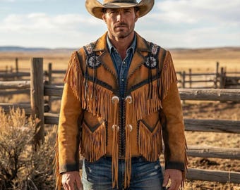 Handgjord brun mockajacka med fransar | Cowboykappa med västerländsk pärlbroderi | Inföddinspirerad krigarstamsklädsel