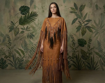 Tan Suede Fringes Wedding Dress | Women Handmade Leather Powwow-Regalia | Cowgirl Bride Tribal Native Gown