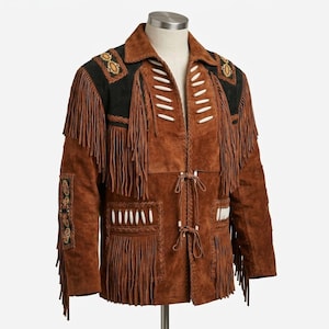 K&ouml;nnte beinhalten: Eine braune Wildlederjacke mit langen Fransen an Brust, &Auml;rmeln und unteren Taschen. Das Kleidungsst&uuml;ck verf&uuml;gt &uuml;ber wei&szlig;e knochenartige Akzente, geflochtene Lederbes&auml;tze und schwarze Schulterpartien aus Wildleder mit dekorativen Stickereien.