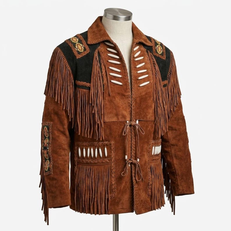 K&ouml;nnte beinhalten: Eine braune Wildlederjacke mit langen Fransen an Brust, &Auml;rmeln und unteren Taschen. Das Kleidungsst&uuml;ck verf&uuml;gt &uuml;ber wei&szlig;e knochenartige Akzente, geflochtene Lederbes&auml;tze und schwarze Schulterpartien aus Wildleder mit dekorativen Stickereien.