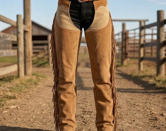 Handmade Suede Leather Cowboy Chaps | Western Fringe Riding Gear