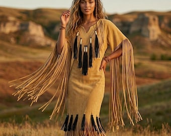 Handmade Suede Fringes Wedding Dress | Women Tribal Lakota Powwow-Regalia Gown | Western Native-Inspired Outfit