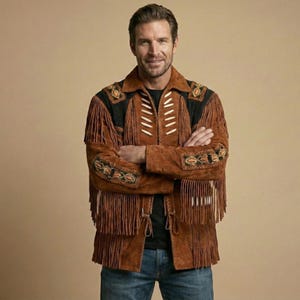 K&ouml;nnte beinhalten: Eine braune Wildlederjacke mit langen Fransen, wei&szlig;en knochenartigen Akzenten auf der Brust und dekorativen Stickereien an den Schultern und &Auml;rmeln. Die Jacke wird &uuml;ber einem schwarzen Hemd und einer blauen Jeans getragen.