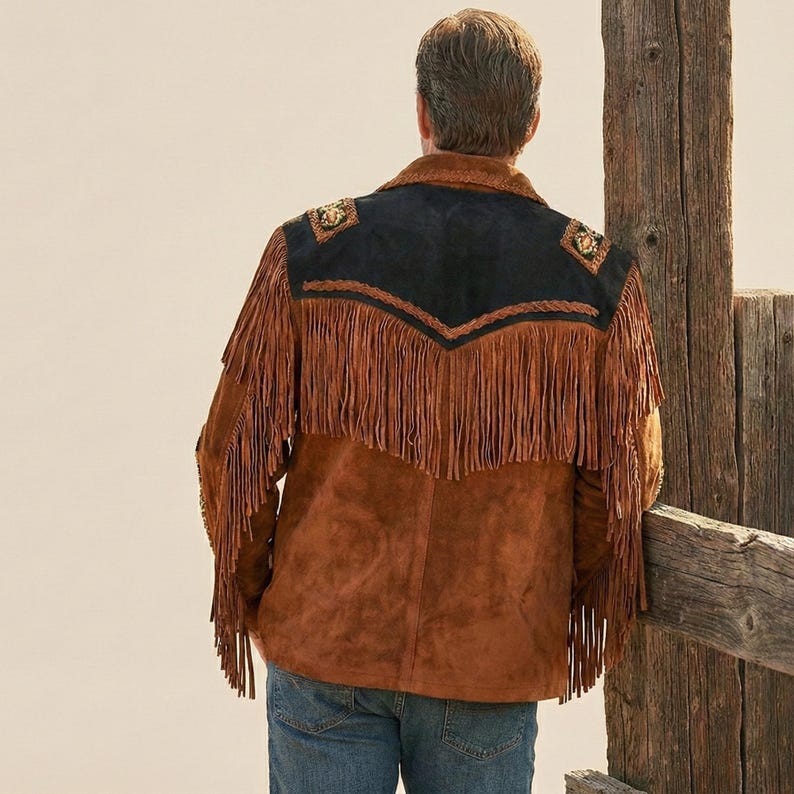 K&ouml;nnte beinhalten: Eine braune Wildlederjacke mit langen Fransen am R&uuml;cken und an den &Auml;rmeln. Das obere R&uuml;ckenteil ist schwarz mit dekorativer Flechtborte und kleinen Stickereien. Die Jacke wird mit einer blauen Jeans aus Denim getragen.
