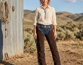 Handmade Suede Leather Brown Fringe Chaps | Western Studded Rodeo Pant | Cowgirl Horse-Riding Outfit