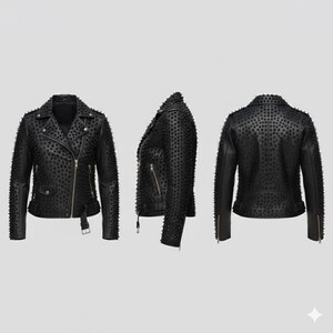 May include: A black leather jacket featuring an asymmetrical front zipper, a notched lapel, and a dense pattern of small black studs covering the front, back, and sleeves. The jacket includes zippered pockets, a waist belt, and zippered cuffs.