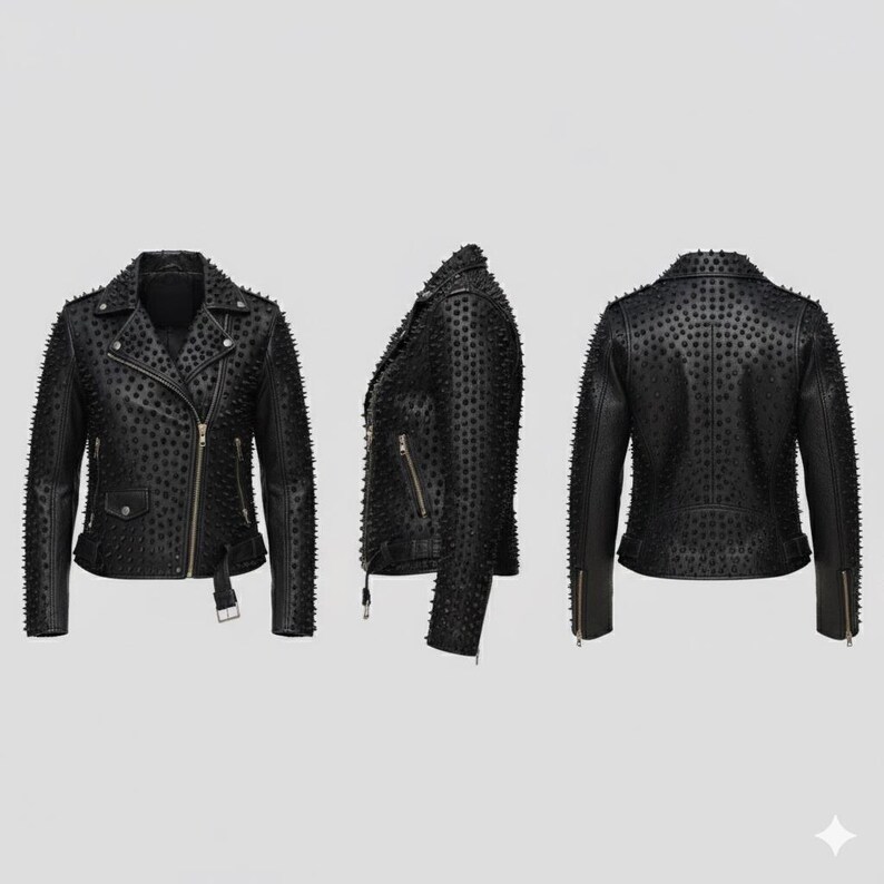 May include: A black leather jacket featuring an asymmetrical front zipper, a notched lapel, and a dense pattern of small black studs covering the front, back, and sleeves. The jacket includes zippered pockets, a waist belt, and zippered cuffs.