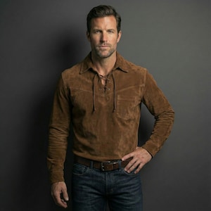Chemise western en daim faite main | Veste en cuir marron clair style cowboy pour hommes