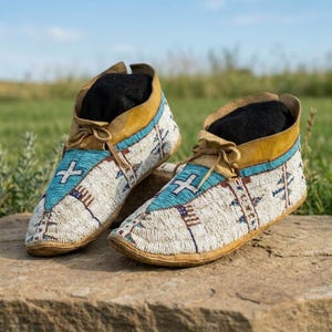 Mocassins en daim perlés faits main | Chaussures artisanales western d'inspiration amérindienne | Chaussures de danse bohèmes et tribales pour festivals