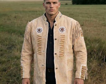 Handgjord mockajacka med fransar | Cowboykappa med pärlor för män | Western Native Tribal Warshirt