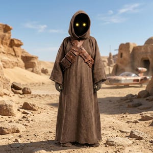 Puede incluir: Un personaje Jawa de Star Wars, en un paisaje desértico. El personaje lleva una túnica con capucha marrón, con ojos amarillos brillantes. Una bandolera de cuero marrón cruza el pecho. Se ve un vehículo en el fondo.