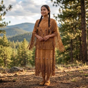 Handmade Suede Fringe Wedding Dress | Women Beaded Powwow-Regalia Gown | Tribal Native-Inspired Cowgirl Festival Outfit