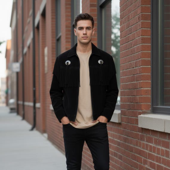Black Suede Leather Fringe Coat | Men Western Tassel Jacket | Cowboy Native Rodeo Festival Wear