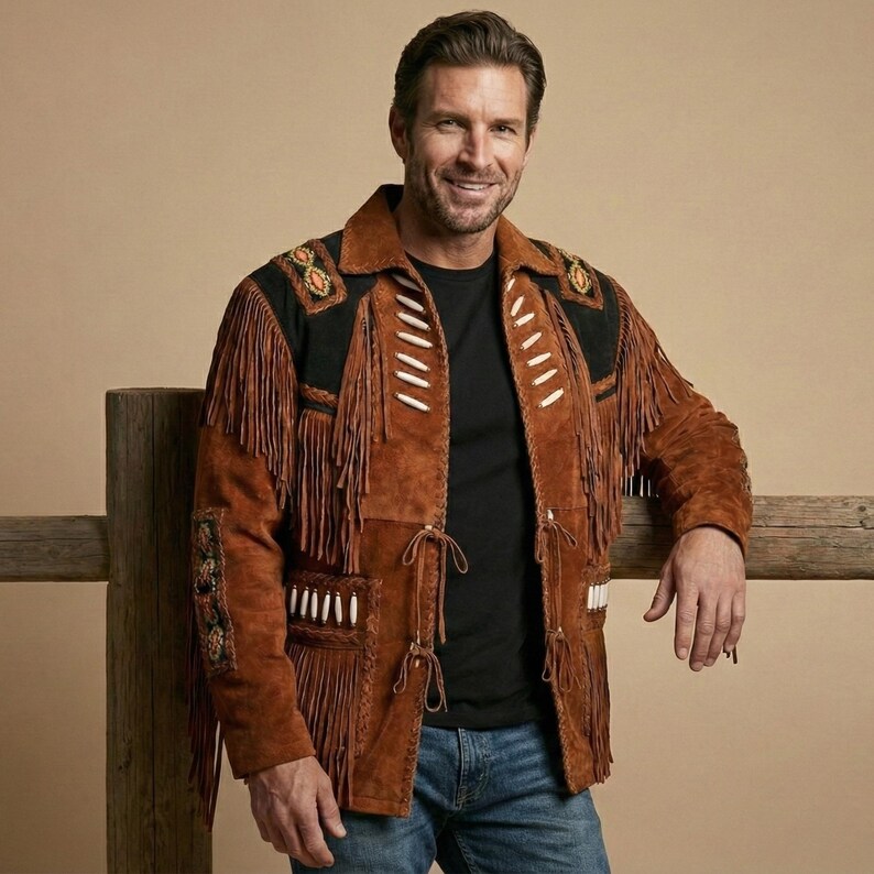 K&ouml;nnte beinhalten: Eine braune Wildlederjacke mit langen Fransen, schwarzen Ledereins&auml;tzen an den Schultern mit Perlenstickerei und wei&szlig;en knochenartigen Akzenten. Die Jacke verf&uuml;gt &uuml;ber Schn&uuml;rverschl&uuml;sse auf der Vorderseite und Stickereien an den &Auml;rmeln.