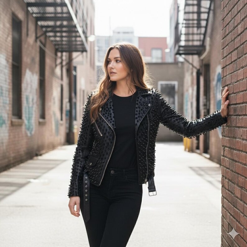 May include: A black leather motorcycle jacket featuring dense, uniform stud embellishments across the sleeves and front panels, paired with a plain black t-shirt and black denim jeans. The jacket includes a silver-toned zipper and a buckled belt.