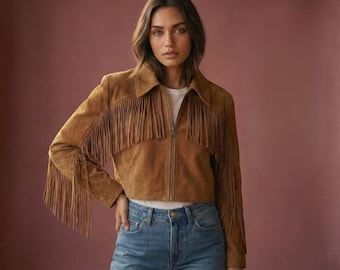 Handmade Suede Fringe Western Jacket | Women Tan Brown Coat | Cowgirl Tassel Rodeo Festival Top