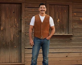 Men Brown Tan Suede Leather Vest | Rodeo Style Waistcoat|Western Vest Wear | Cowboy outfit