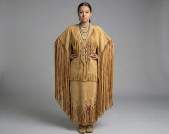 Suede Handmade Fringe Wedding Dress | Women Beaded Powwow-Regalia Gown | Tribal Native-Inspired Cowgirl Festival Outfit