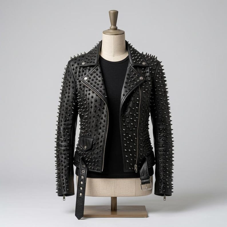 May include: A black leather motorcycle jacket featuring an all-over pattern of sharp, pointed metal studs. The jacket includes a notched lapel, an asymmetrical front zipper closure, a buckled waist belt, and a small zippered pocket on the front.