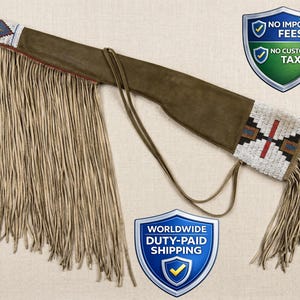 Handcrafted Suede Leather Rifle Scabbard |Native-American Beaded Fringed Gun Case | Traditional Western Weapon Cover
