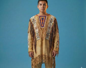 Handgjort set med mockafransar för män | Western Powwow-indiansk traditionell krigardräkt | Cowboypärlkläder