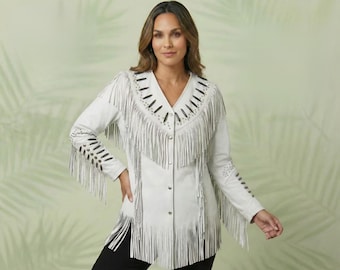 Handmade White Leather Western Fringe Jacket | Native Beaded Cowgirl Coat |  Boho Festival Outfit