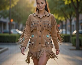 Handmade Leather Women Fringe Jacket | Native-American Western Beaded Coat | Cowgirl Rodeo Concert Wear