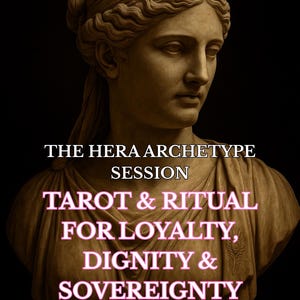 Puede incluir: Busto de mujer con corona, de estilo clásico, sobre fondo negro. El texto dice: "THE HERA ARCHETYPE SESSION" y "TAROT & RITUAL FOR LOYALTY, DIGNITY & SOVEREIGNTY".