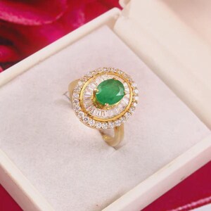 Natural Emerald Oval Cut Halo Diamond Ring – May Birthstone Engagement Ring for Women, Dainty Emerald Ring, Elegant Gift for Her