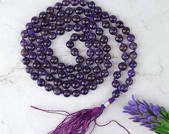 Amethyst Crystal Mala Necklace, Handmade Gemstone Beaded Healing Jewelry