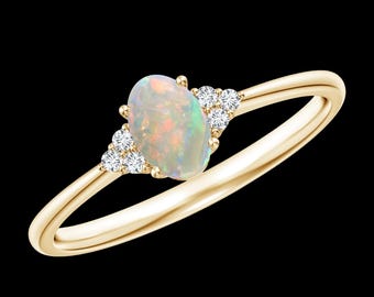 Natural Opal 14K Gold Ring, October Birthstone, Dainty Stacking Ring