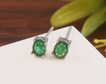 Natural Emerald Sterling Silver Stud Earrings: 1.0 Carat