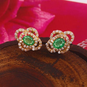Natural Emerald and Diamond Stud Earrings, 14k Gold Emerald Earrings, Vintage Emerald Earrings For Women, Art Deco Hoop Earrings Gift