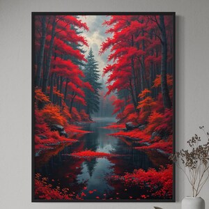Red Forest Wall Art – Paesaggio fluviale autunnale vibrante – Stampa opaca incorniciata su carta di qualità museale