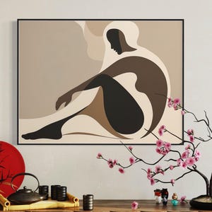 Minimalistische weibliche Silhouette Wandkunst | Neutrales Abstraktes Poster | Moderner gerahmter Druck in Erdtönen, Set mit 2 Weiblichen Bildern