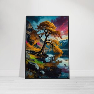 Poster con albero autunnale dorato – Quadro da parete opaco con cornice e paesaggio vibrante, decorazione ispirata alla natura per uno stile d'interni sereno