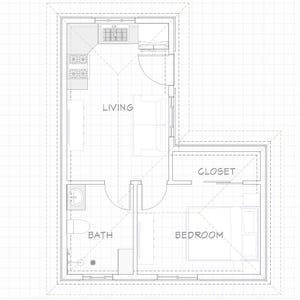 May include: A detailed architectural floor plan of a small apartment, featuring a living area, bedroom, bathroom, and closet. The layout is drawn in black lines on a grid background, with labels indicating each room's function. The kitchen area is also visible.