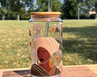 Vaso de vidrio con diseño de mujer africana: tapa y pajita de bambú, 473 ml