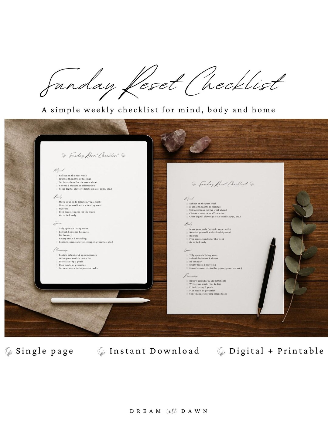 Sunday Reset Checklist.pdf Sunday Reset Checklist | Printable + Digital Self-care Weekly Planner ...