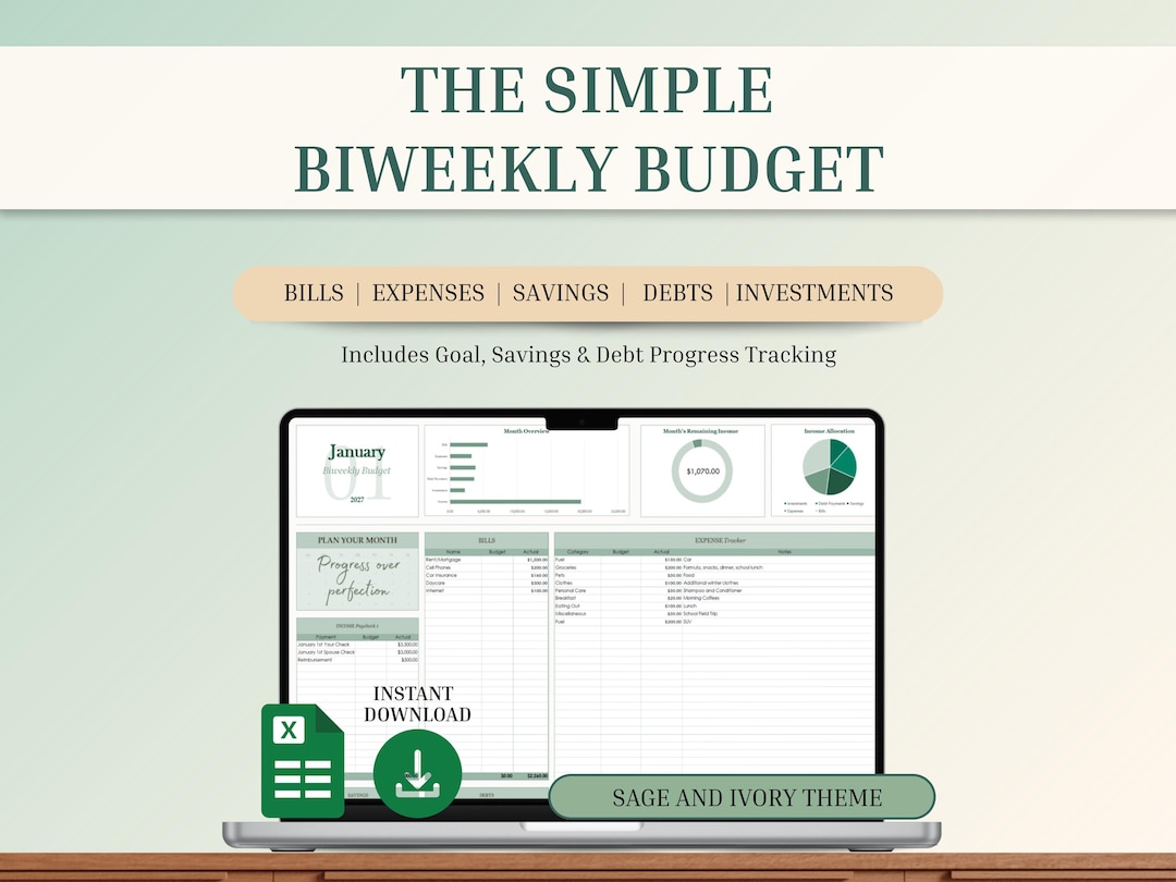 Simple Biweekly Budget Sage and Ivory, Paycheck Budget, Excel Budget ...