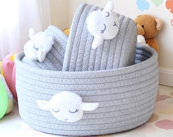 Gray Rope Storage Basket with Sheep Patch, Soft Woven Nursery Bin, Baby Room Organizer, Kawaii Toy Storage Box for Kids or Toddlers