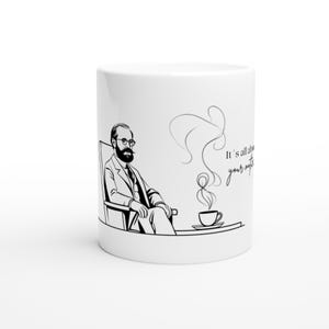 May include: White ceramic mug with a black and white illustration of a seated man, a coffee cup, and the text "It's all about your mindset." The mug has a glossy finish and is suitable for hot or cold drinks.