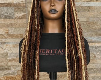 Handmade Boho Faux Locs Wig – Goddess Locs Copper Blonde Brown Blend Curly Ends